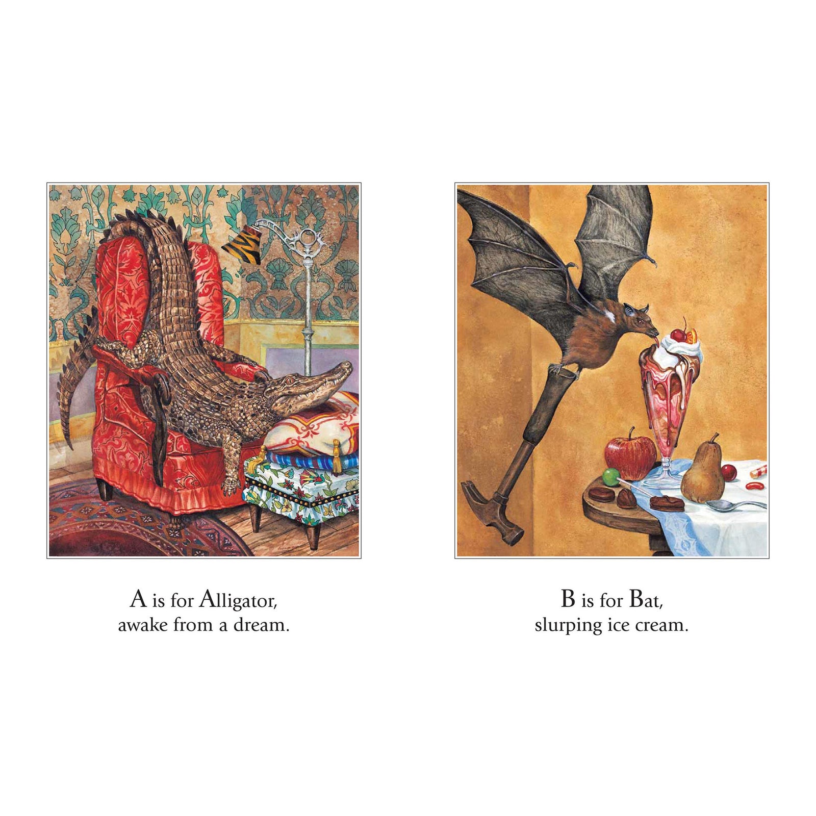 Book cover for 'Alphabeasts' by Wallace Edwards, featuring a painted scene of an alligator posed on a red armchair in an ornate room, with the title at the top and author name at the bottom.