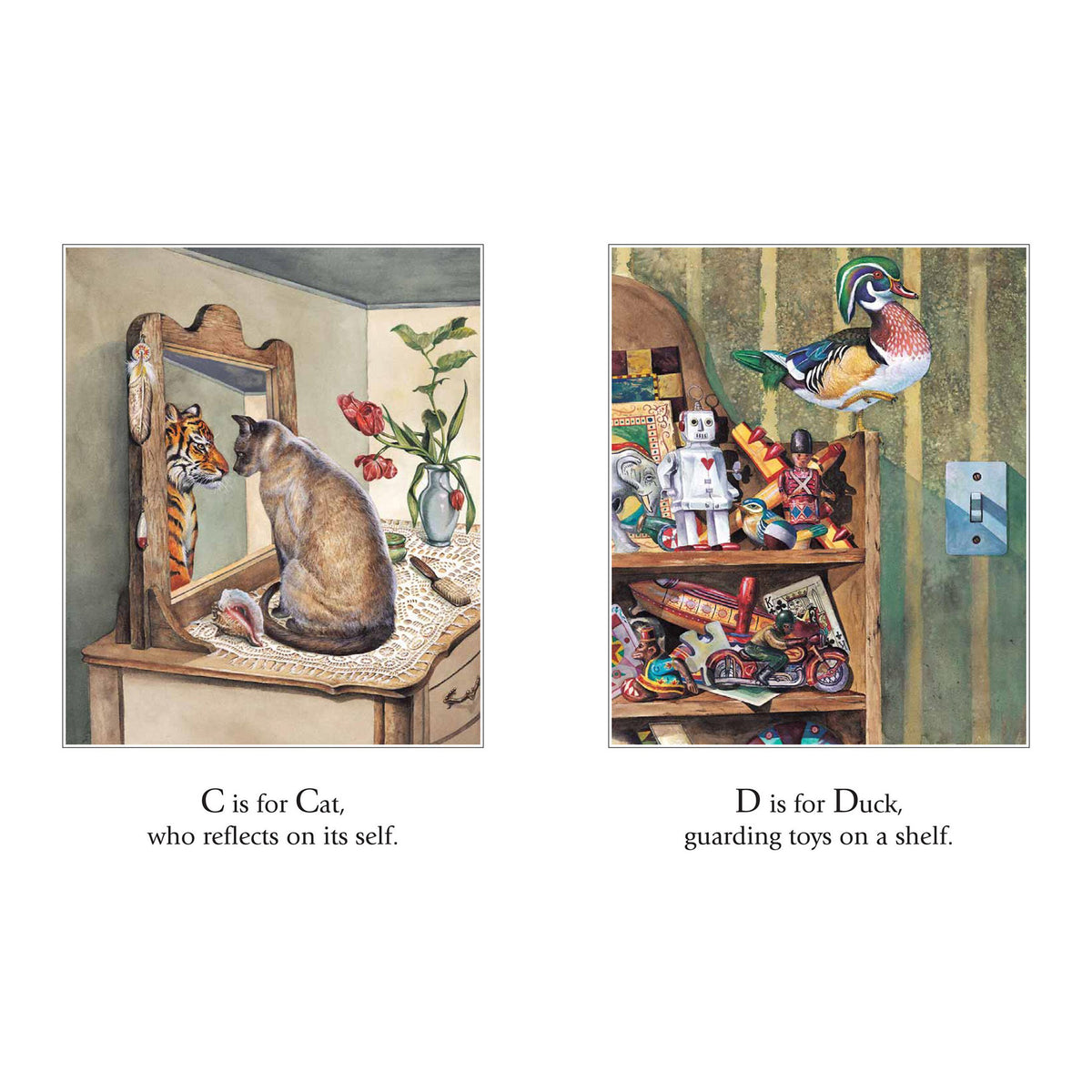 A square art print or card featuring two whimsical illustrated scenes with caption text below each. The left scene shows a cat sitting on a wooden dresser and looking into a mirror, with the caption 'C is for Cat, who reflects on its self.
