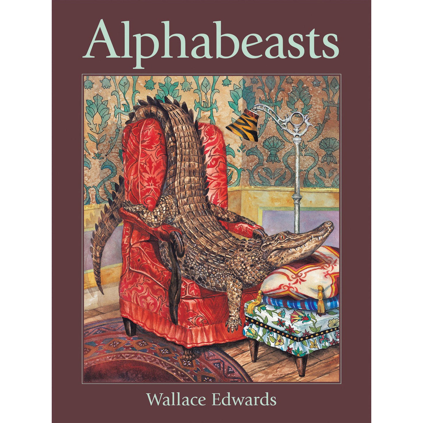 Book cover for 'Alphabeasts' by Wallace Edwards, featuring a painted scene of an alligator posed on a red armchair in an ornate room, with the title at the top and author name at the bottom.
