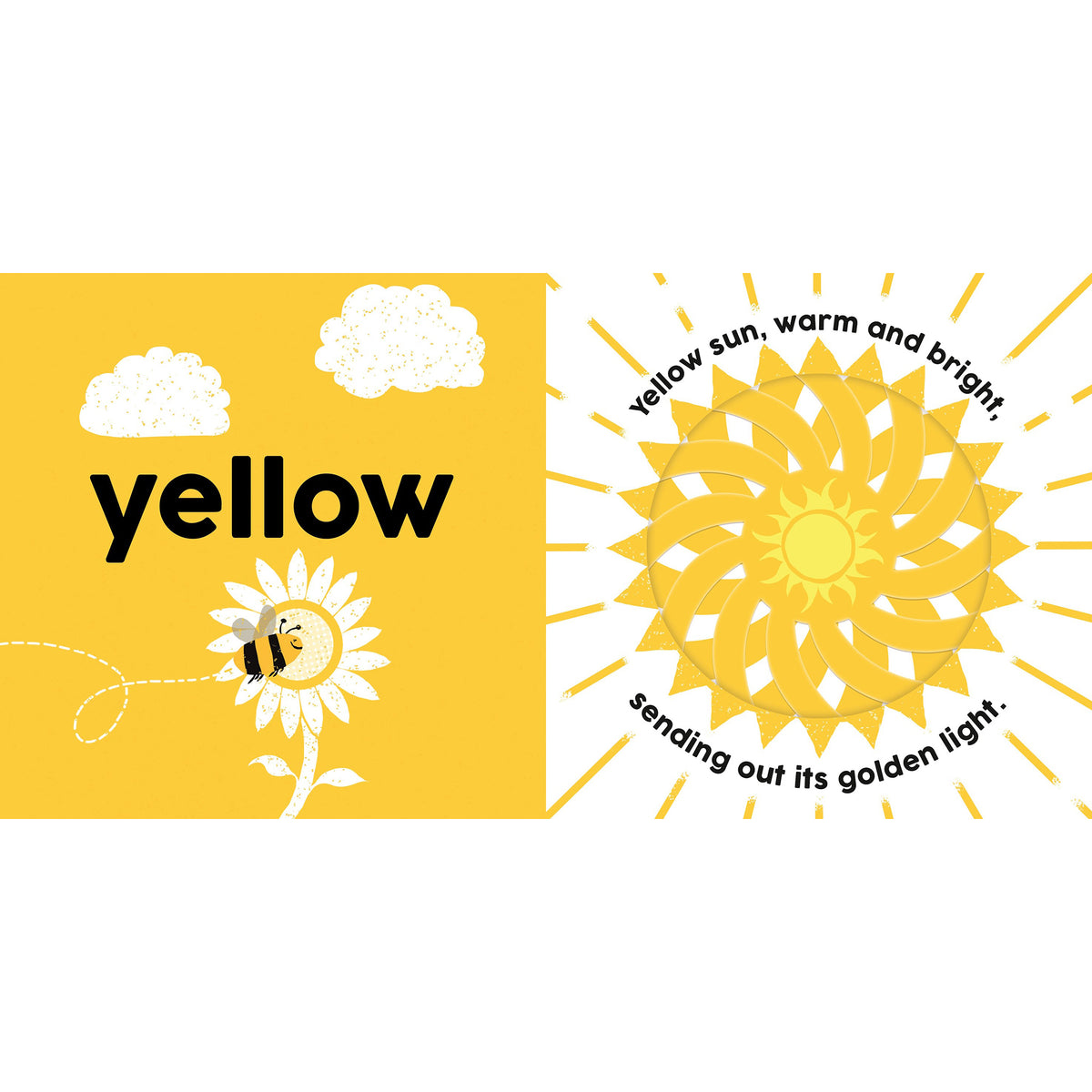 Yellow color swatch with sunflower, bee, and cloud illustrations on a white background.