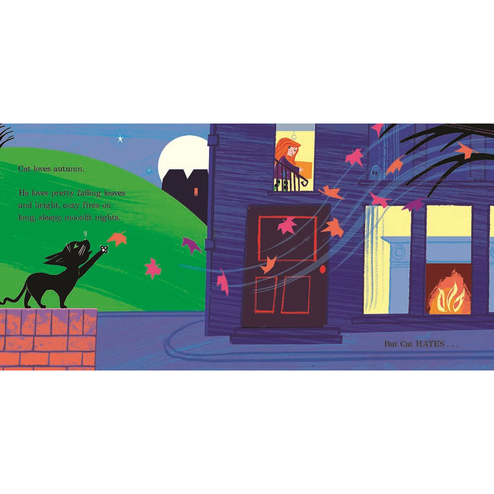 Book cover of 'Cat's Halloween' with a black cat in a pumpkin, ghosts, and a spider on a blue background.