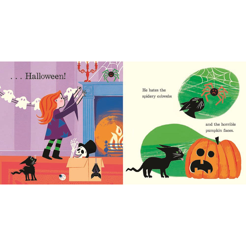 A children's illustrated book spread showing Halloween-themed scenes: a girl in a purple dress decorating a fireplace with ghosts, a spider, and a black cat, alongside a carved pumpkin and black cat illustration panels with text.