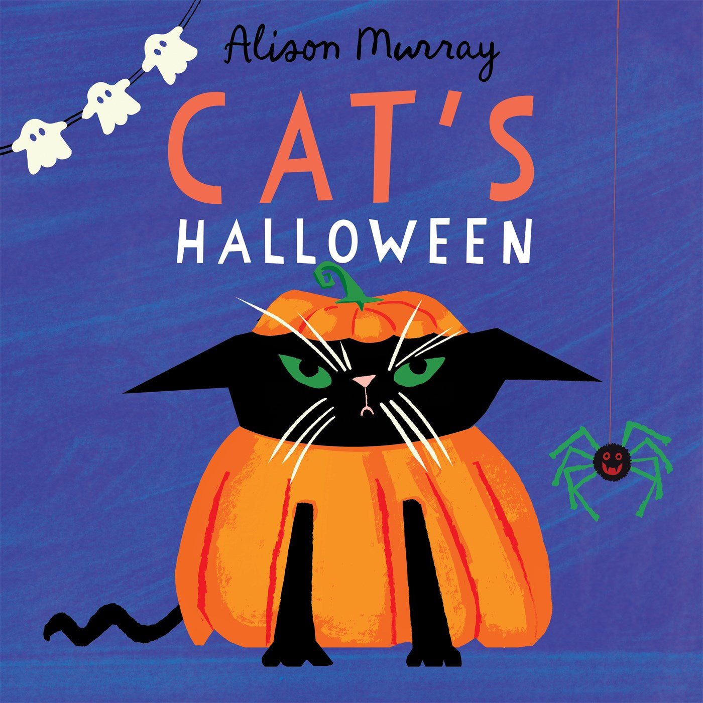 Book cover of 'Cat's Halloween' with a black cat in a pumpkin, ghosts, and a spider on a blue background.