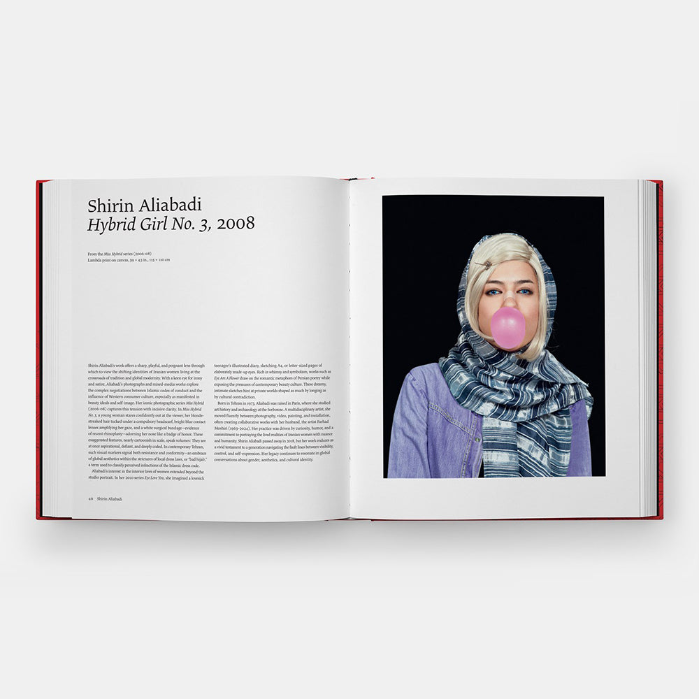 A book cover titled 'BOUNDLESS SPIRIT IRANIAN WOMEN ARTISTS' in large coral-pink text over a deep red background with a subtle geometric pattern. The publisher name 'MONACELLI' appears at the bottom left.