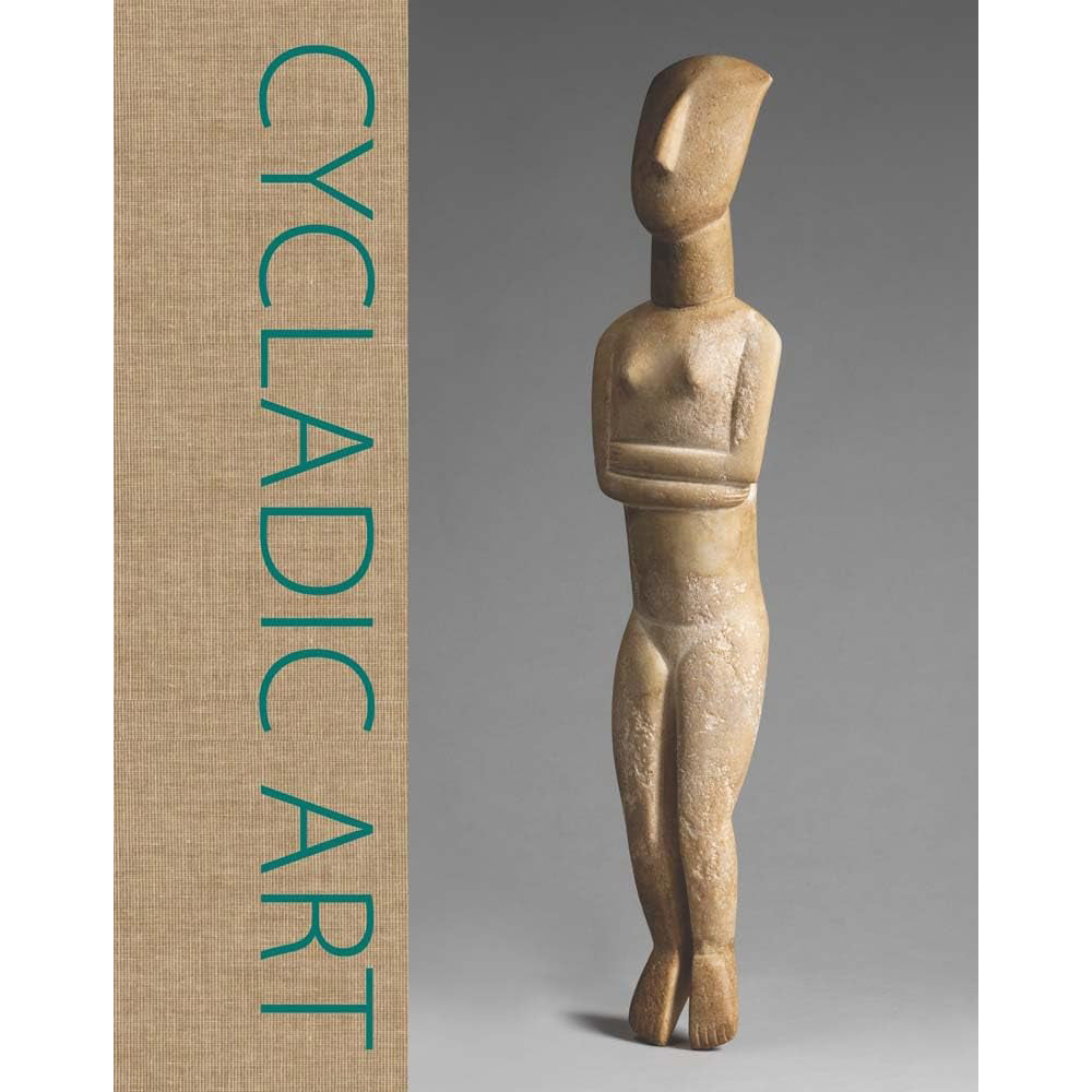 Cycladic art figurine with a textured beige border and 'Cycladic Art' text.