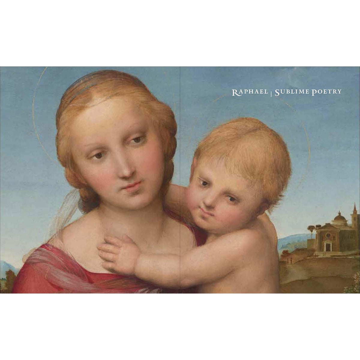 Artistic depiction of a woman holding a child with a classical painting background