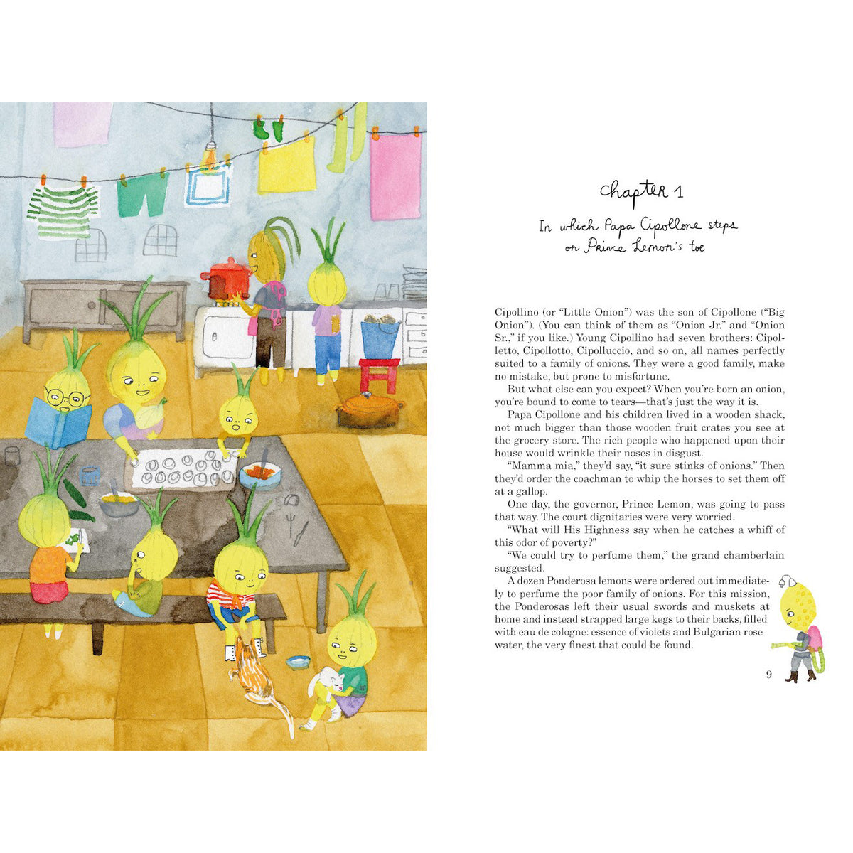 Illustrated book page with pineapple characters in a kitchen setting