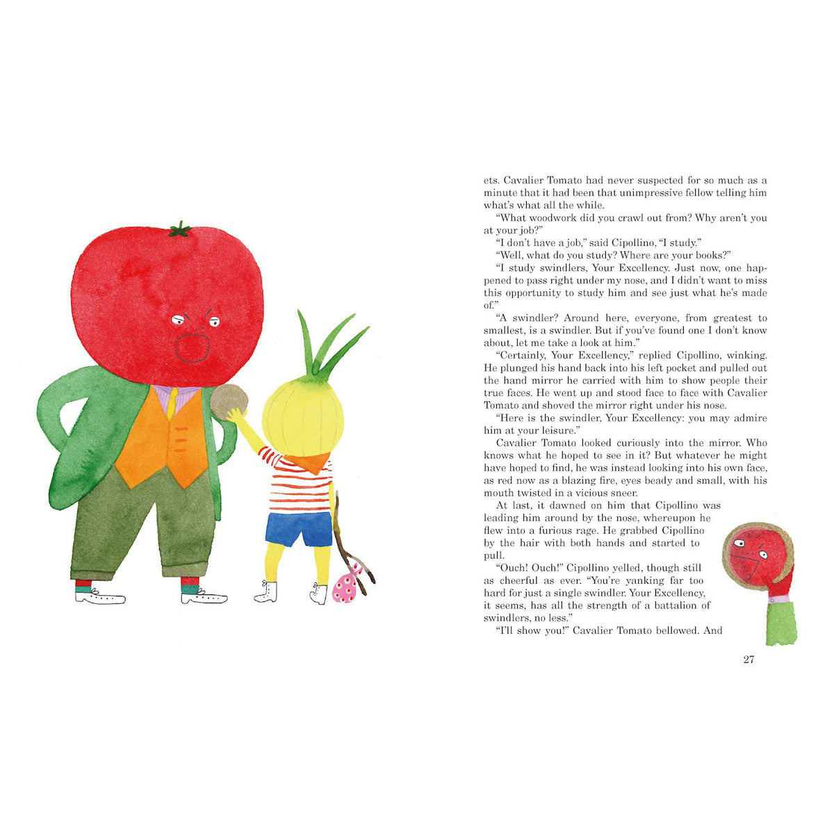 Illustrated book page with characters resembling a red apple and a radish, with text on a white background.