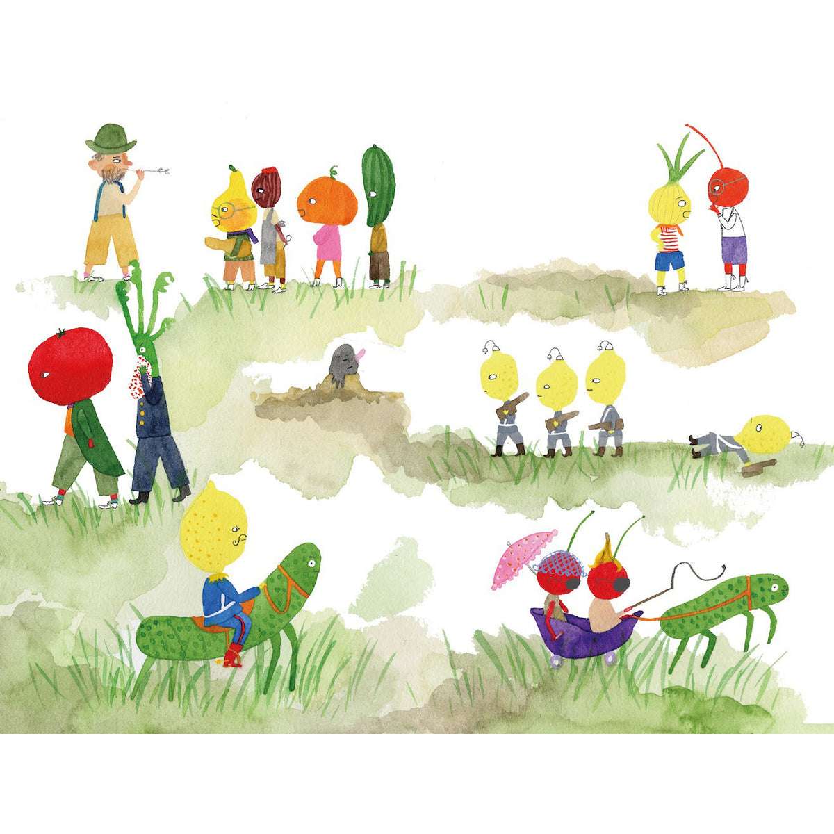 Illustration of colorful characters in a garden setting with various plants and animals.
