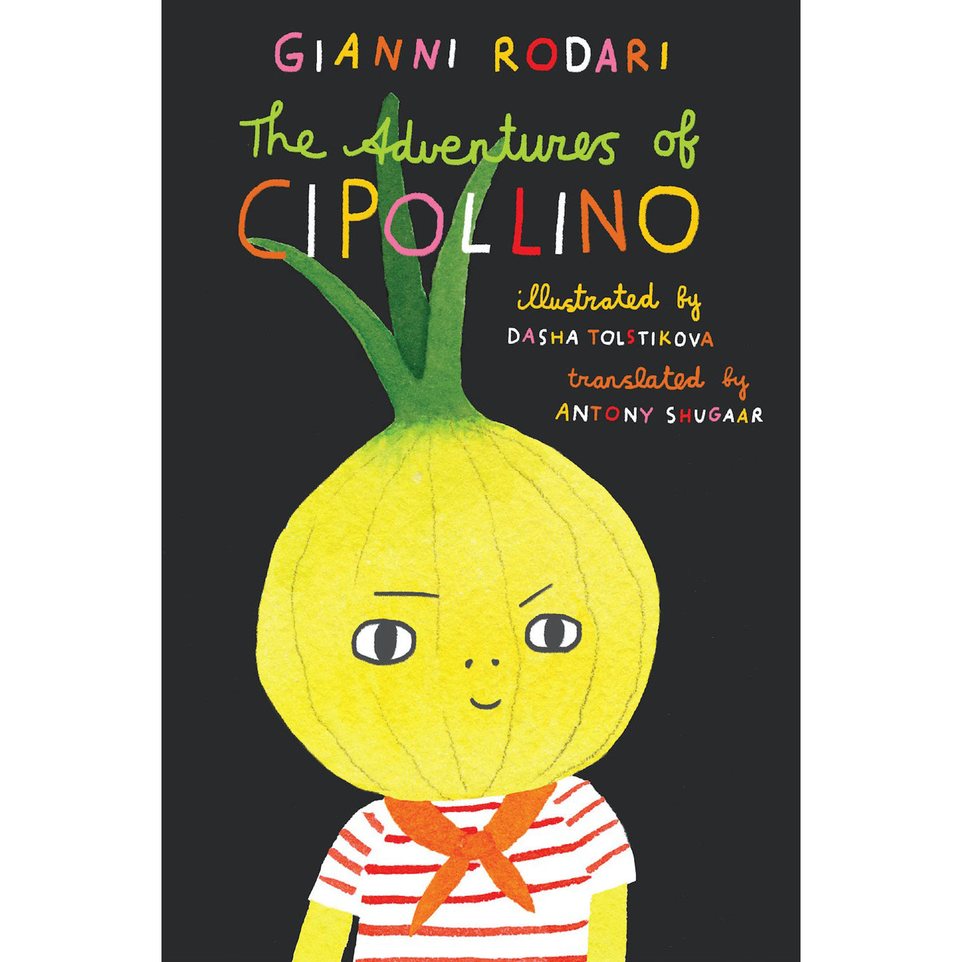 Book cover of 'The Adventures of Cipollino' with a cartoon character on a black background