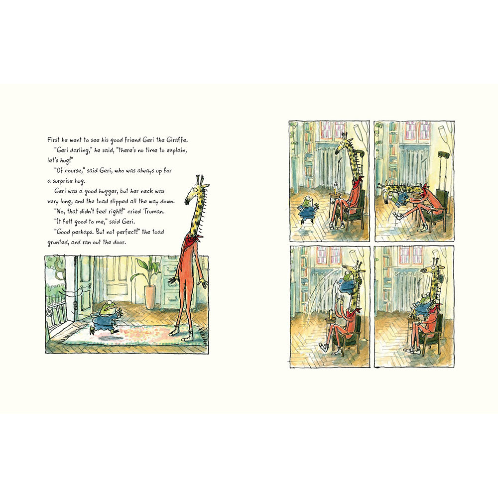 Comic strip with a giraffe character and four panels showing different scenes.
