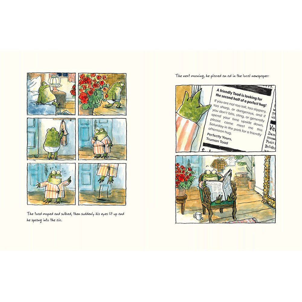 Illustrated comic strip of a frog looking for a second handbag, with a newspaper headline about a friendly frog.