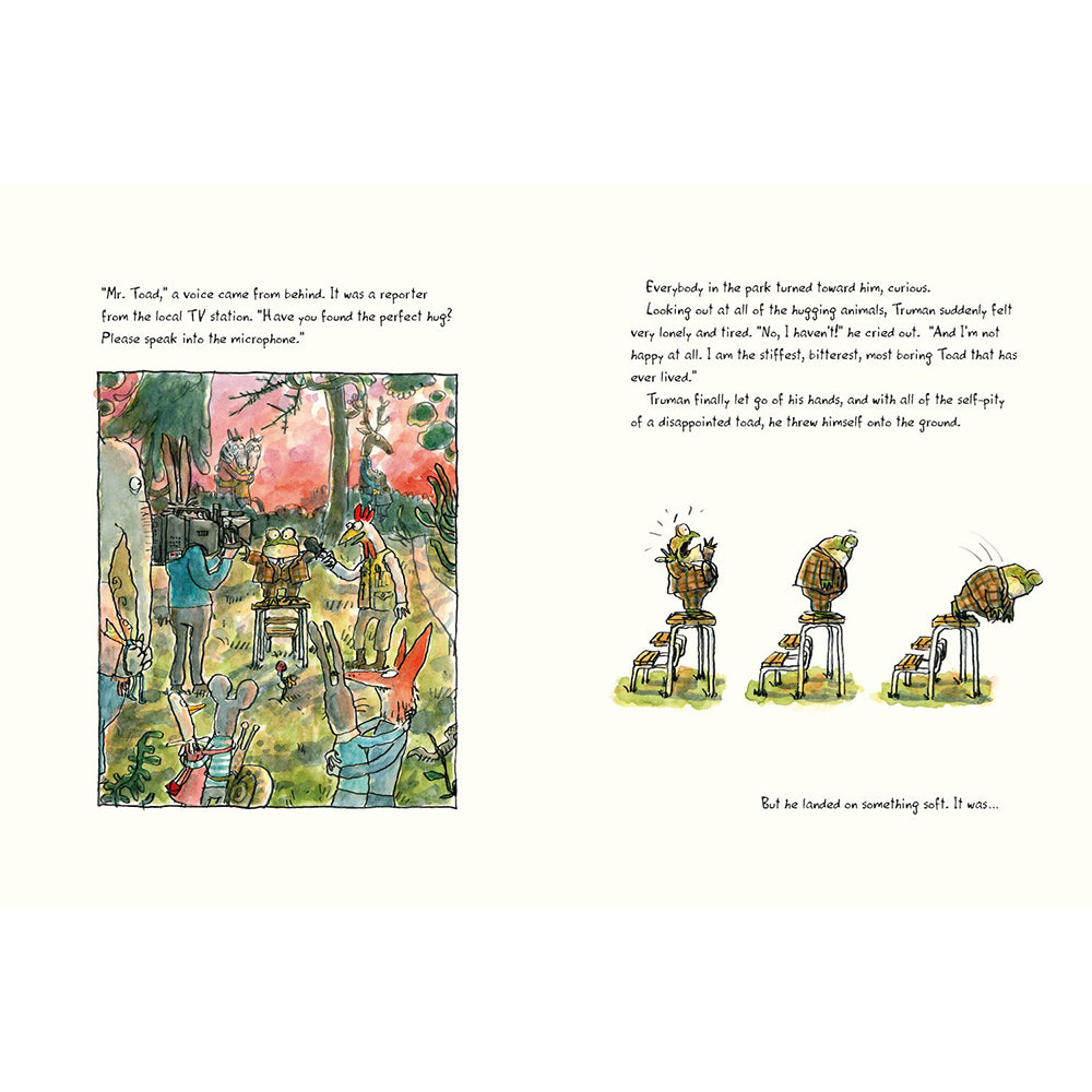 Illustrated book page with cartoon characters in a forest setting and text.