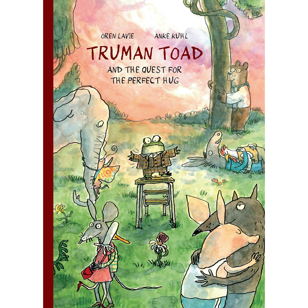 Book cover of 'Truman Toad and the Quest for the Perfect Hug' with illustrations of animals in a forest setting.