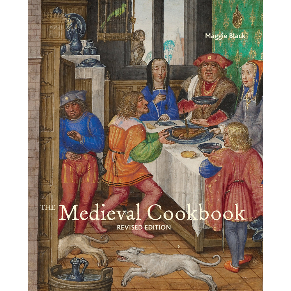 Book cover of 'The Medieval Cookbook' with historical illustration of people dining.