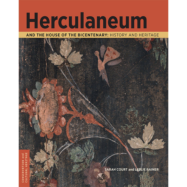 Book cover for 'Herculaneum: And the House of the Bicentenary: History and Heritage' featuring a terracotta orange top band with black title text, a beige subtitle band, and an antique-style painted scene of floral and insect motifs on a dark background.