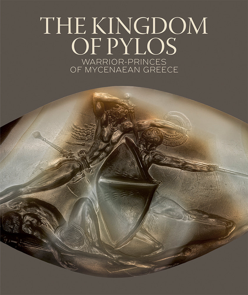 Book cover of 'The Kingdom of Pylos' with a stone carving of warriors on a gray background