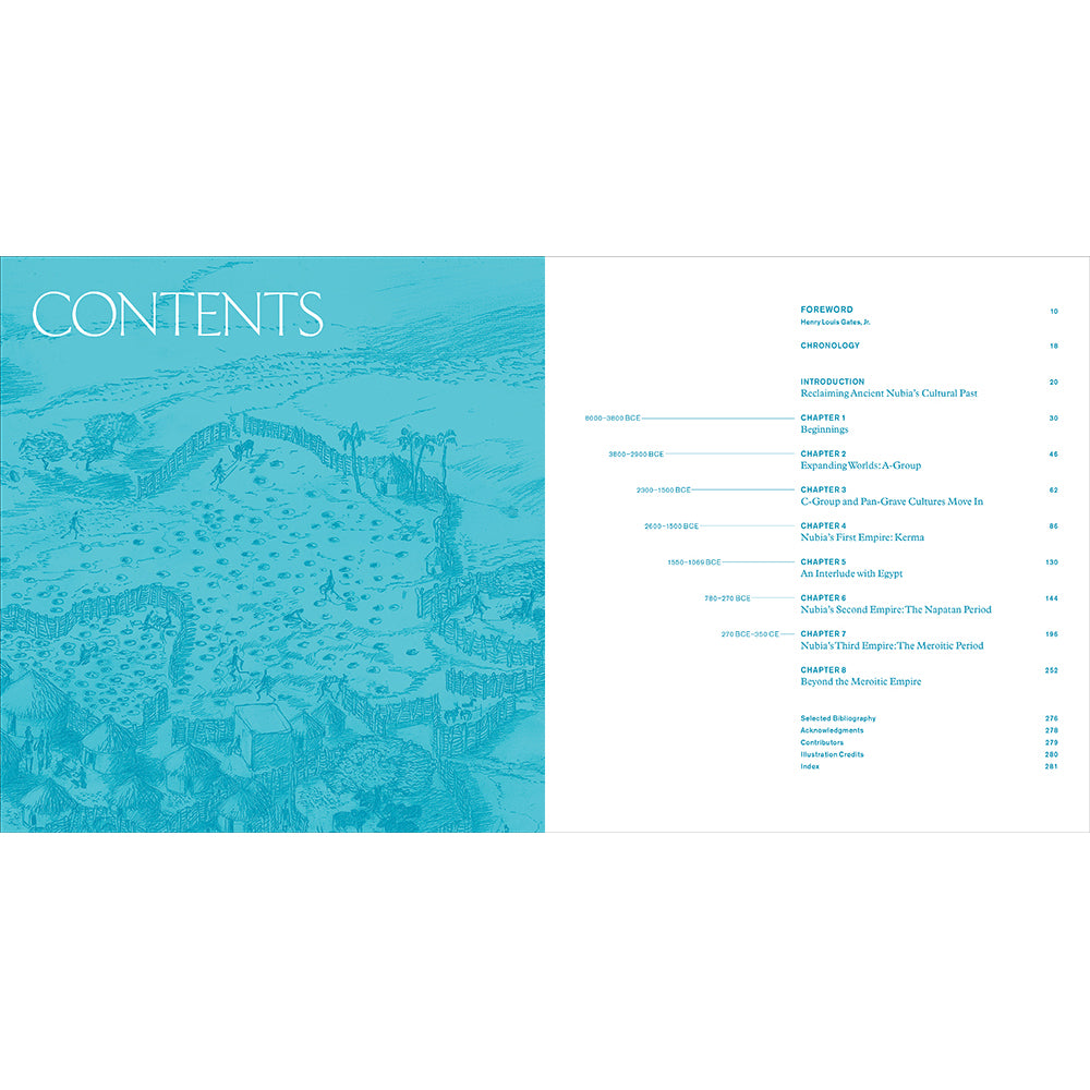 Table of contents page with a blue background and white text.