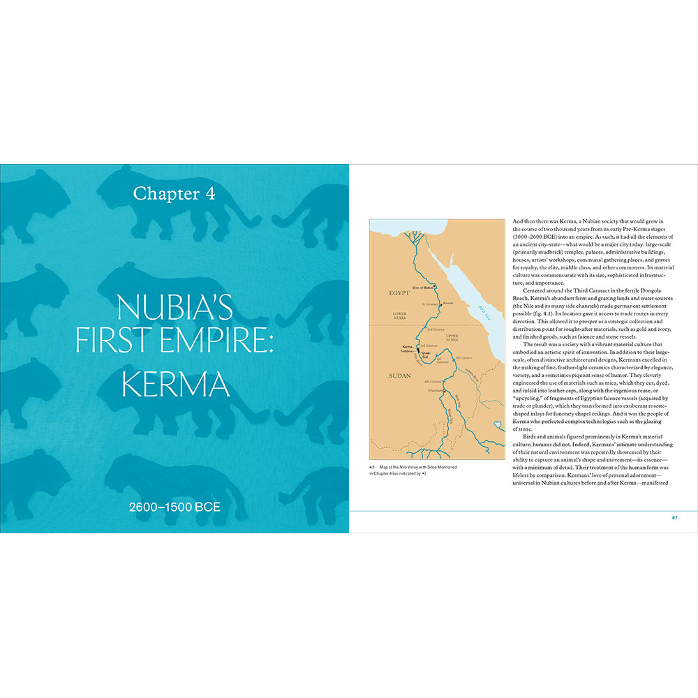 Book page with text 'Nubia's First Empire: Kerma' and a map on a white background