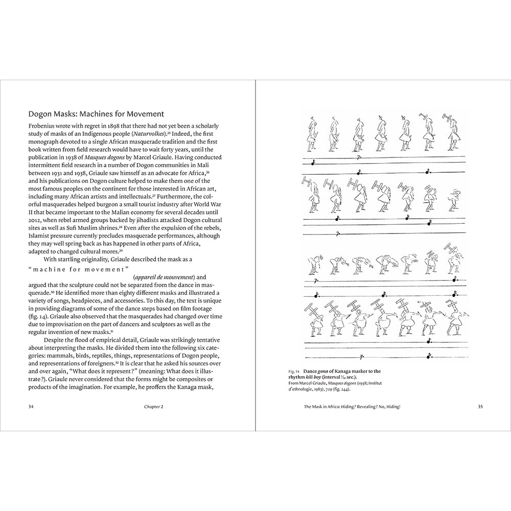 Book page with text and illustrations of Dogon masks for movement