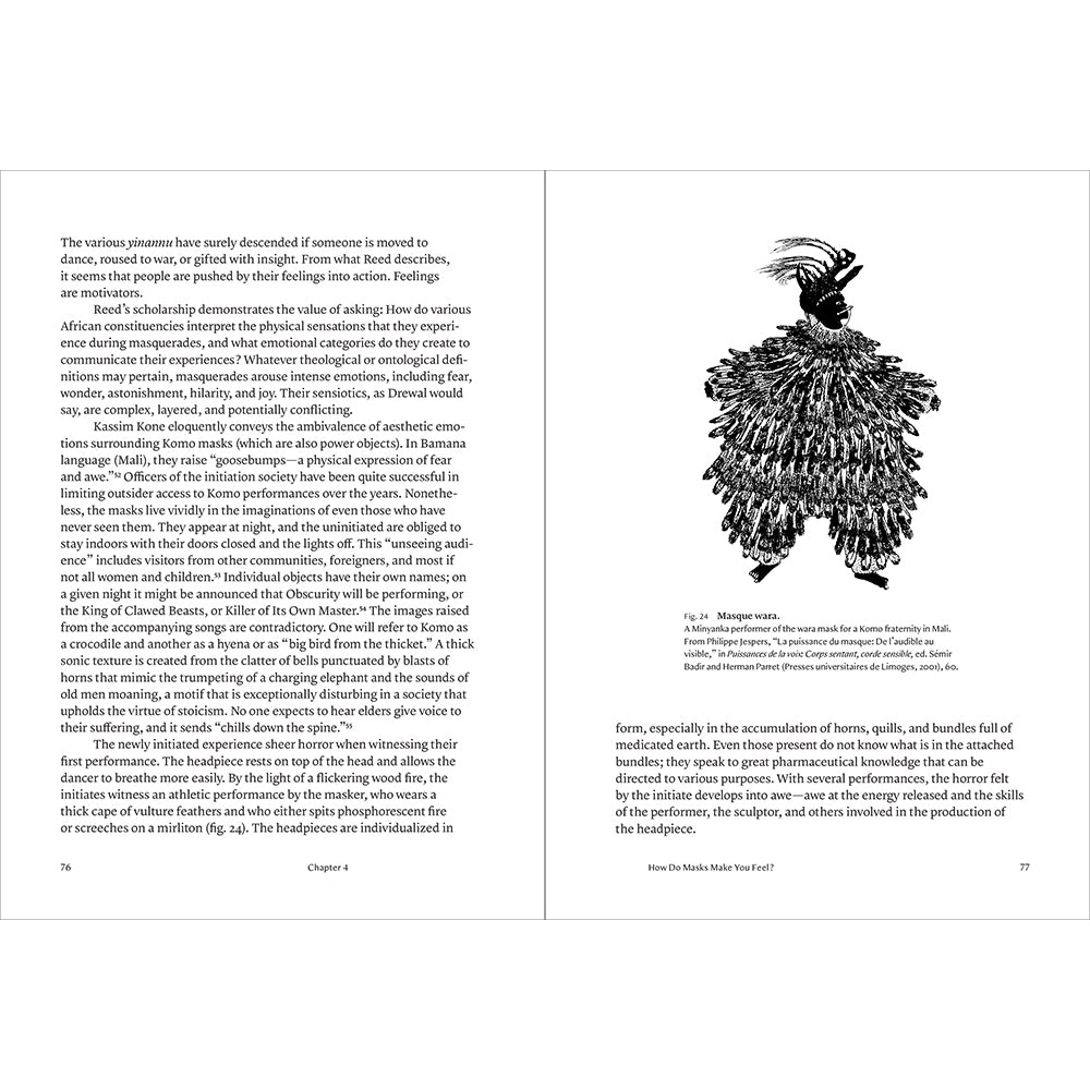 Book page with text and a black and white illustration of a headpiece on a white background