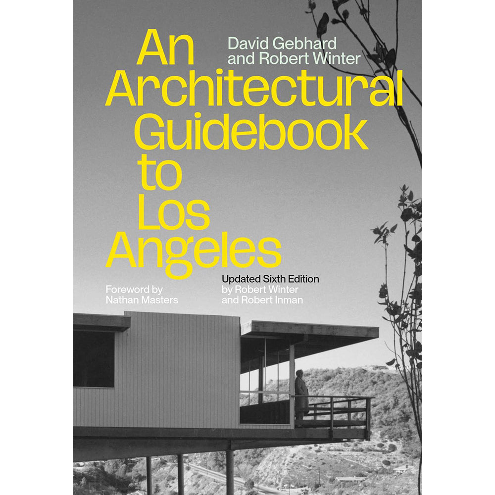Book cover of 'An Architectural Guidebook to Los Angeles' by David Gebhard and Robert Winter, featuring a black-and-white architectural photograph with large yellow title text.