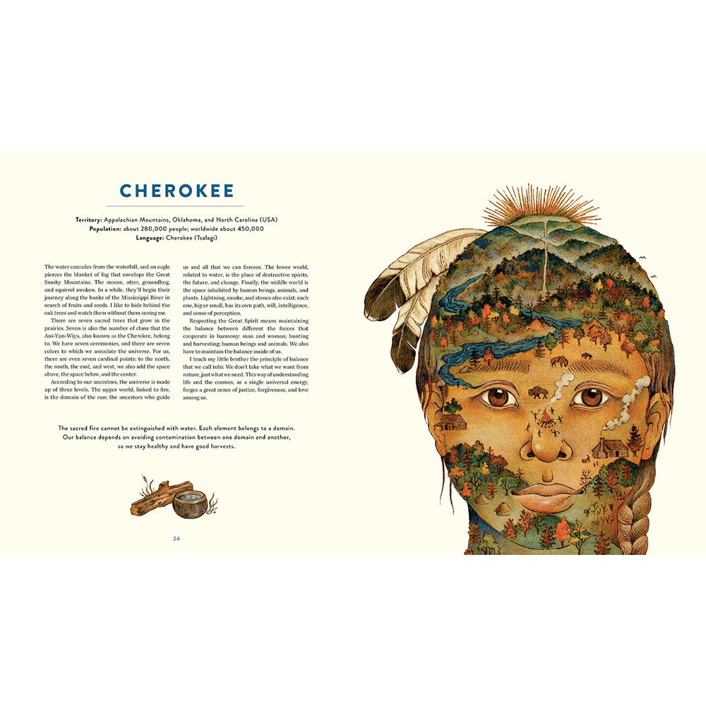 Illustration of a Cherokee person with nature-themed face and text on a beige background