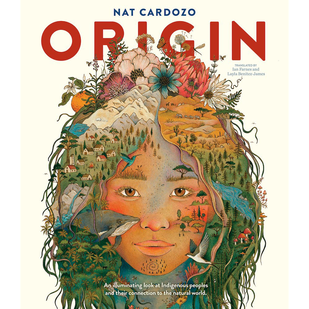 Book cover of 'Origin' by Nat Cardozo with a stylized illustration of a face and nature elements.