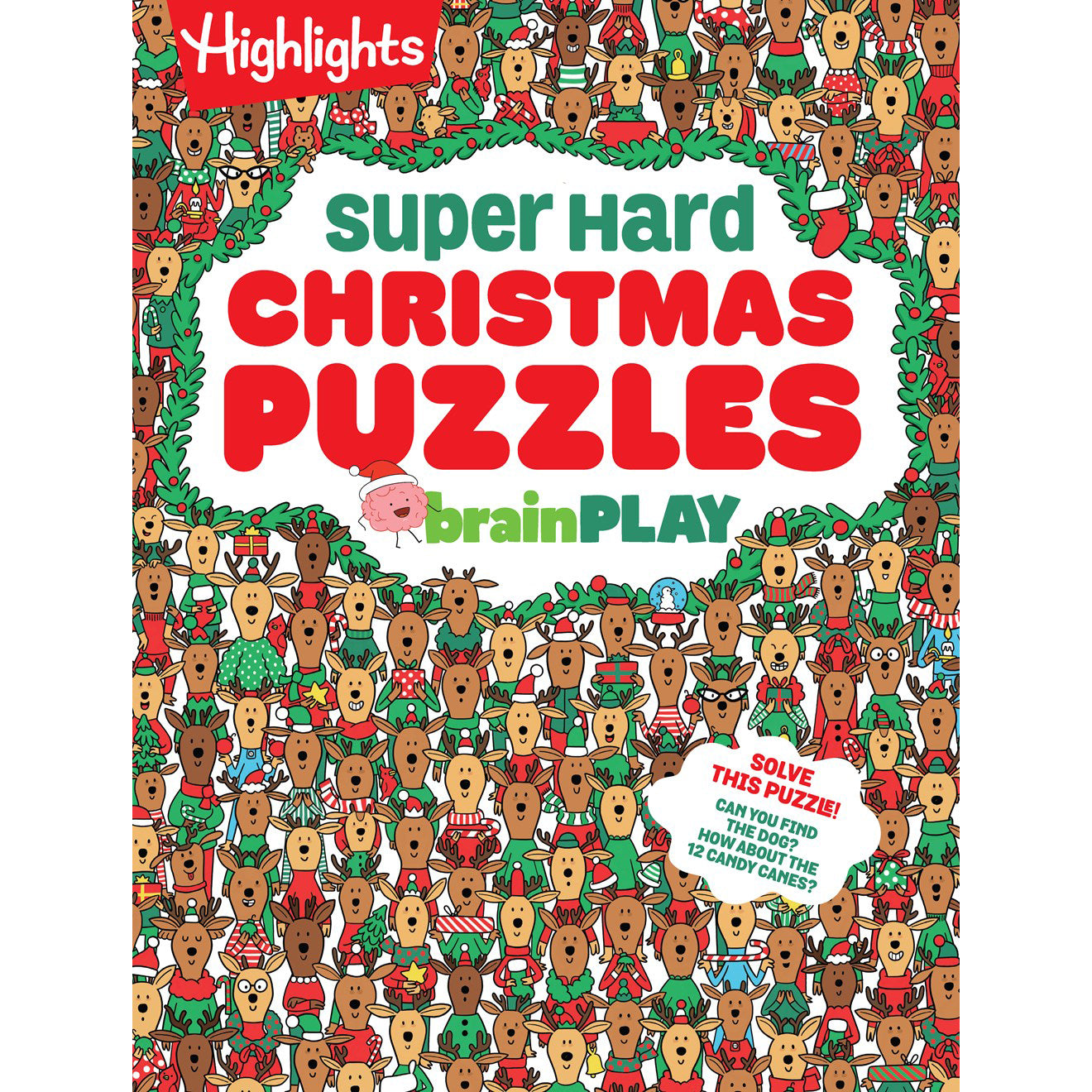 Book cover of 'Super Hard Christmas Puzzles' by brainPLAY with reindeer illustrations.