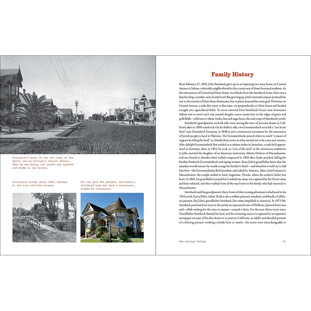 A printed page spread from a book or magazine showing a family history article with two black-and-white photographs on the left and a red title 'Family History' plus body text on the right.