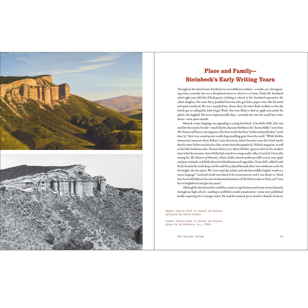 A two-page spread from a book showing a black-and-white landscape photograph on the left page and a red headline with paragraphs of text on the right page. The visible text includes the title 'Place and Family—Steinbeck's Early Writing Years' and the author name William F.