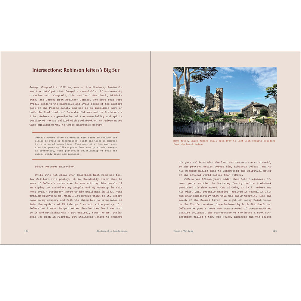 An open book spread showing two interior pages with the title 'Intersections: Robinson Jefferson's Big Sur' at the top. The left page contains black text on a white background, and the right page contains a small landscape photograph of a stone tower and trees, with additional text below.