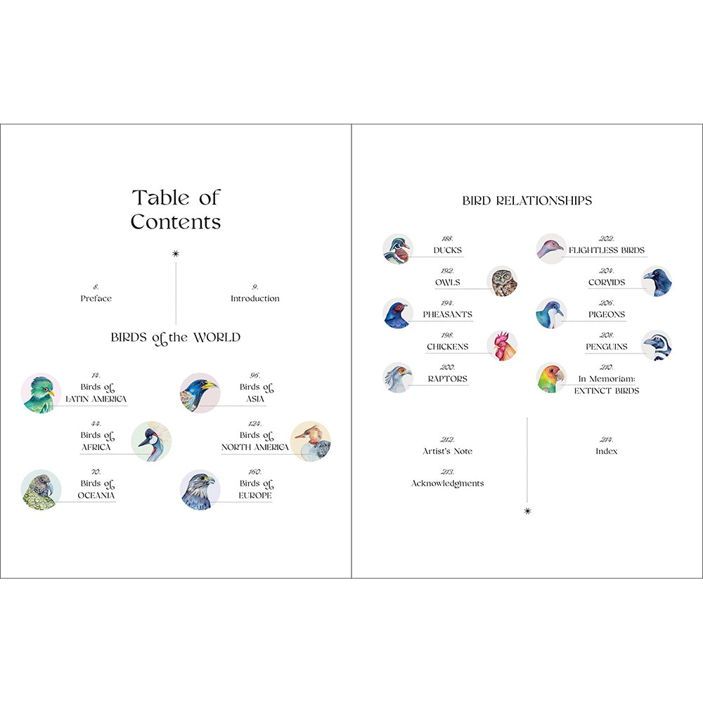 Book cover of 'The Illuminated Book of Birds' with colorful bird illustrations and floral elements.