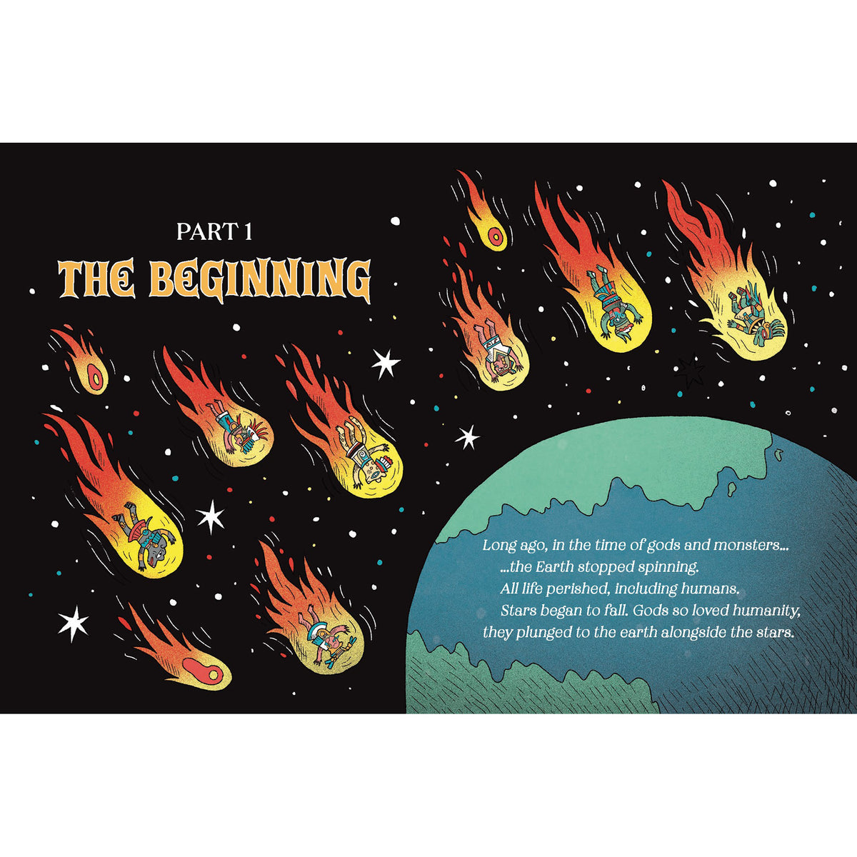 Illustration of fiery celestial bodies with text about 'The Beginning' on a black background.