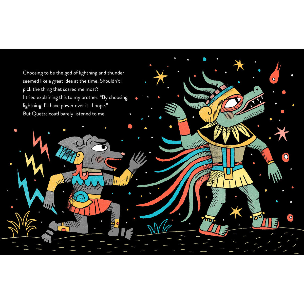 Illustration of two mythological characters with a starry night background