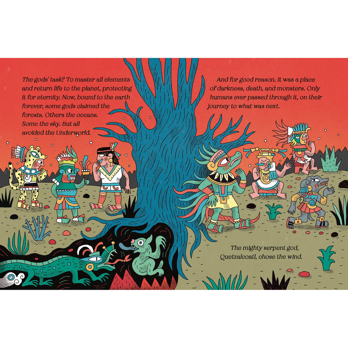 Illustration of a mythological scene with characters and a large tree, featuring text.