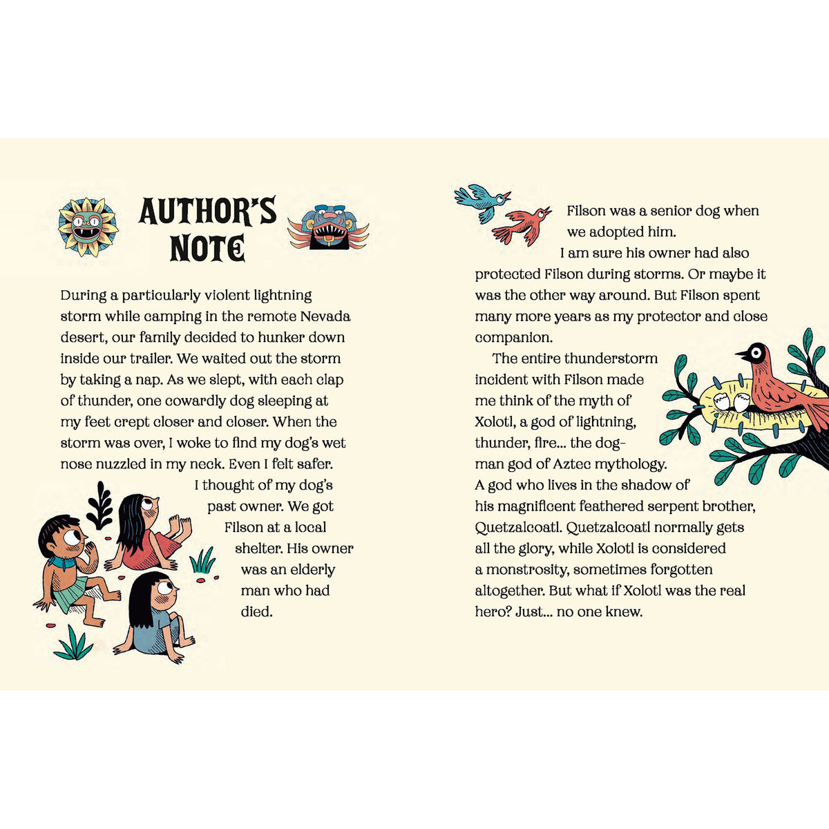 Book page with author's note and illustrations on a beige background