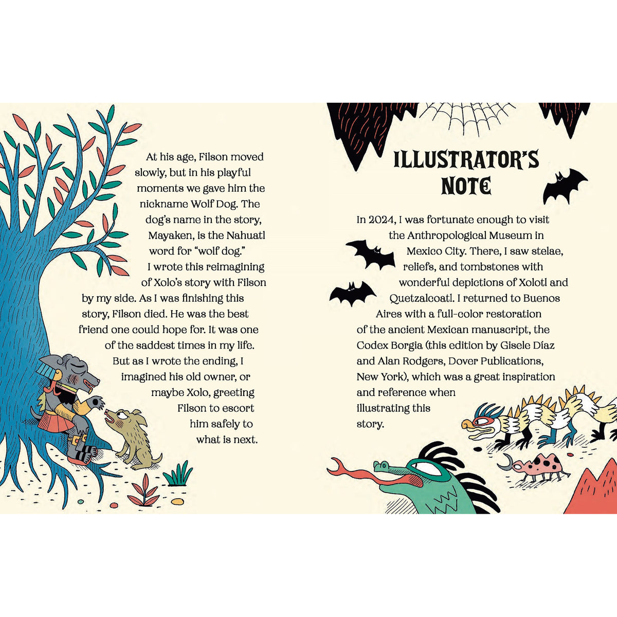 Illustrated book page with text and illustrations, including a tree, animals, and bats.
