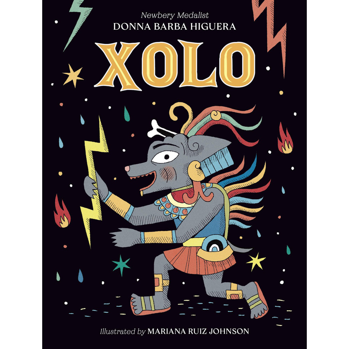 Book cover of 'Xolo' with a colorful illustration of a creature holding a lightning bolt against a black background.