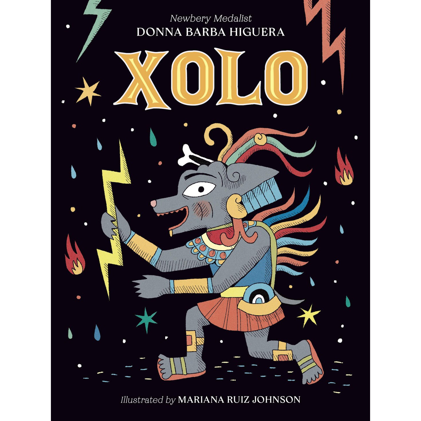 Book cover of 'Xolo' with a colorful illustration of a creature holding a lightning bolt against a black background.