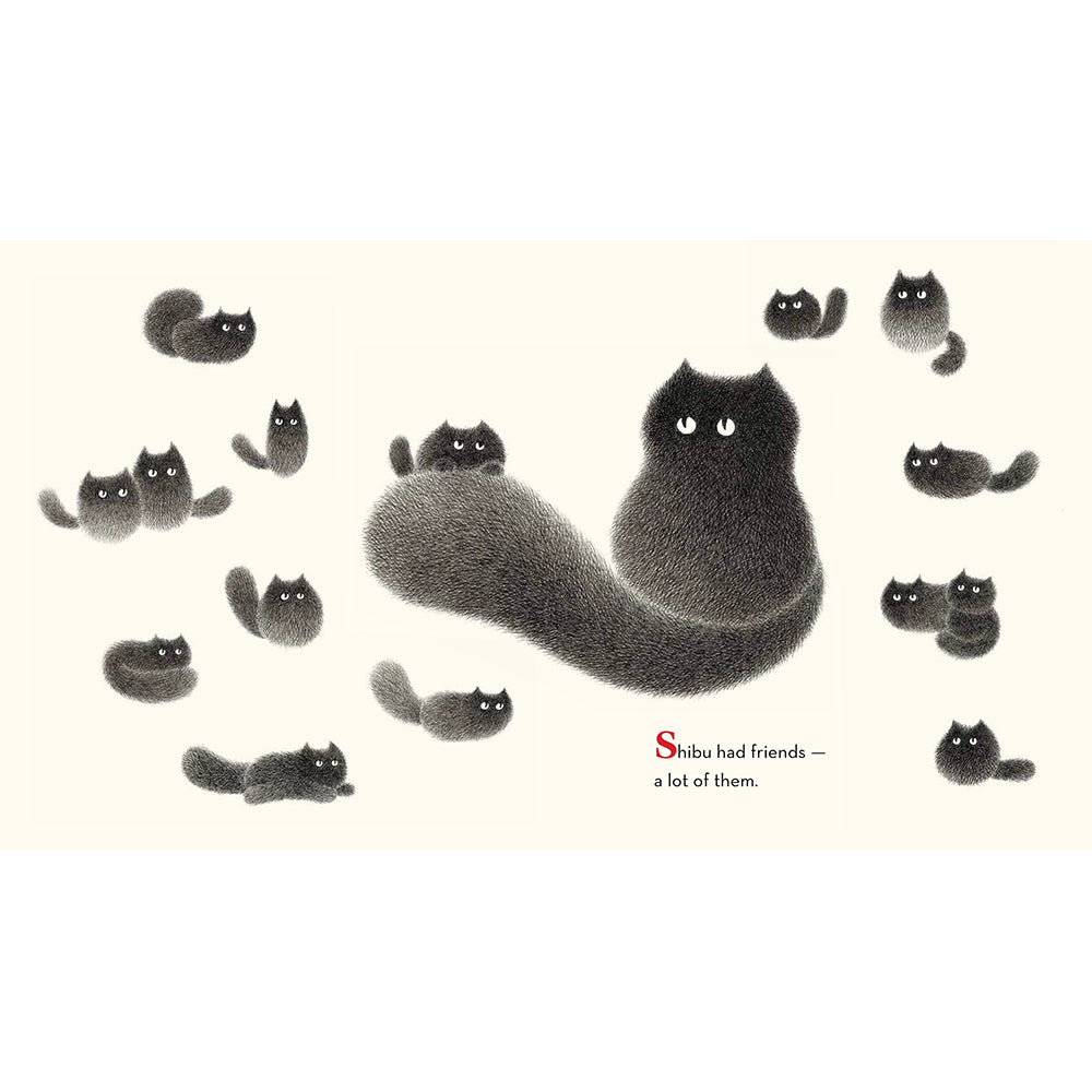 Book cover for 'Shibu's New Friend' with large red title text on a cream background and a central illustration of a dark gray cat and a light gray rabbit forming heart shapes with their tails. Author credit reads Tess Thomas and artist credit reads Kamwei Fong.