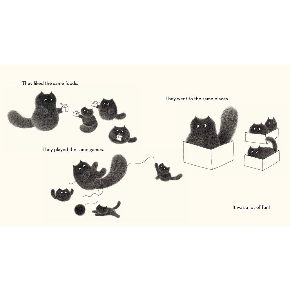 A whimsical black-and-white illustration on a cream background showing several cats playing with a ball, eating small treats, sitting in boxes, and reading captions like 'They liked the same foods.' and 'They went to the same places.