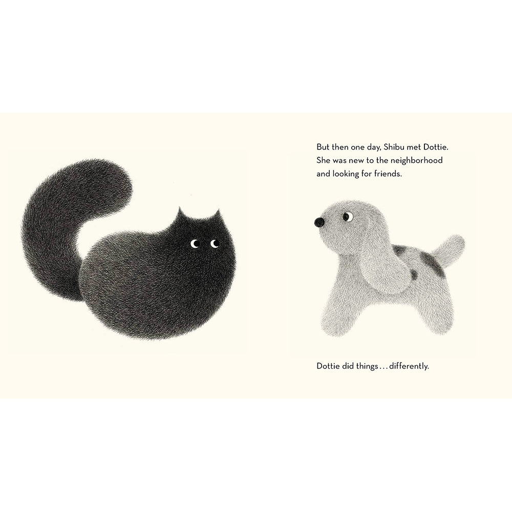 A minimalist children's book page with a black cat on the left and a gray puppy on the right, accompanied by printed text on a warm cream background.
