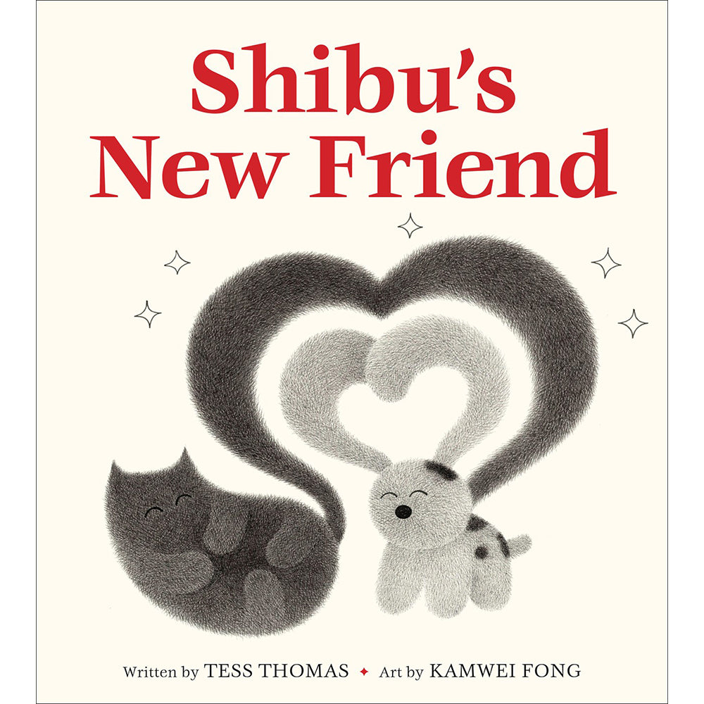 Book cover for 'Shibu's New Friend' with large red title text on a cream background and a central illustration of a dark gray cat and a light gray rabbit forming heart shapes with their tails. Author credit reads Tess Thomas and artist credit reads Kamwei Fong.