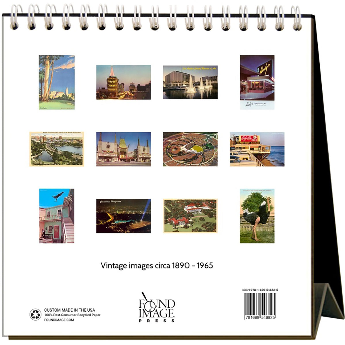 A spiral-bound vintage image print book or calendar stand shown closed, with a white page featuring a grid of small vintage photographs and the text 'Vintage images circa 1890 - 1965' plus the Found Image Press logo and barcode.