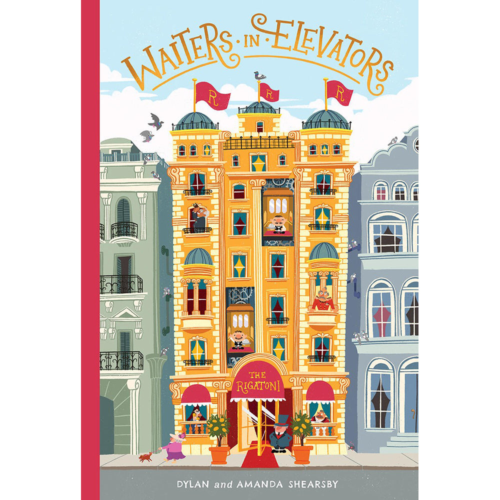 Book cover of 'Waiters in Elevators' with colorful building illustration and text.