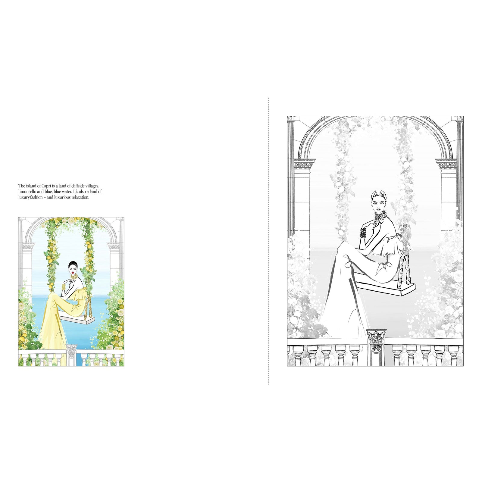 Coloring book cover titled 'The World of Fashion' with a woman in a pink outfit and cityscape background.