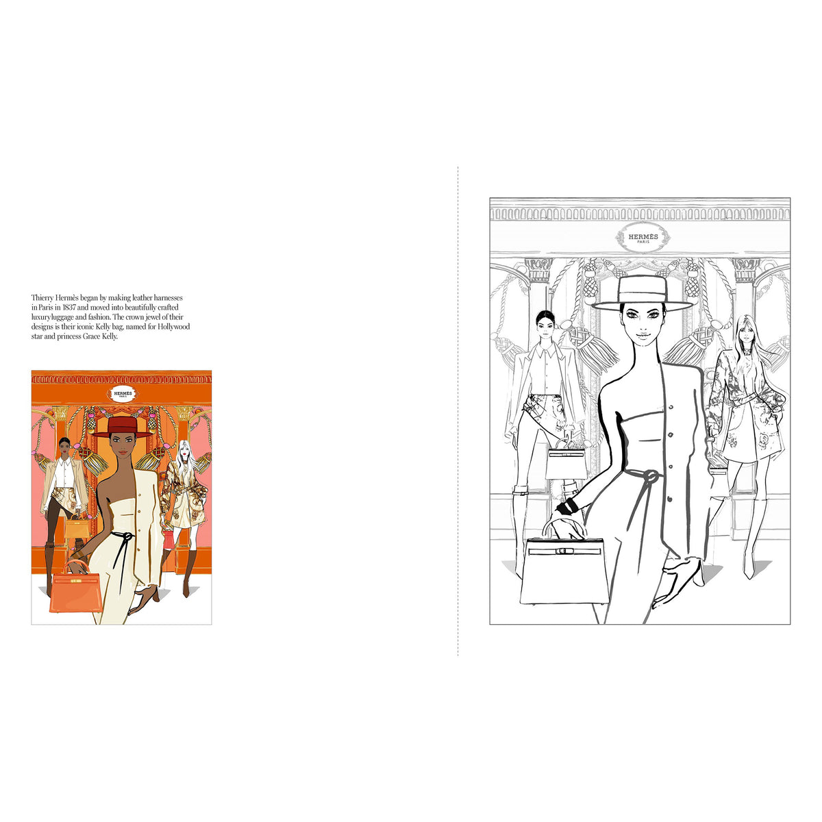 Illustrations of fashion models in various outfits on a white background