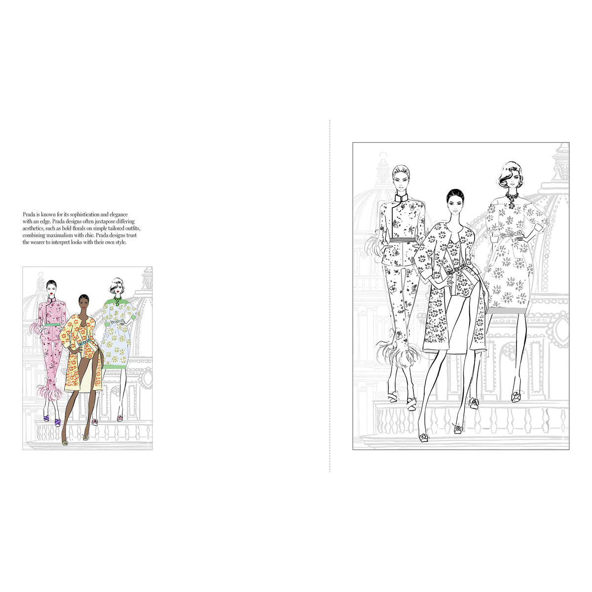 Coloring book page with fashion illustrations on a white background
