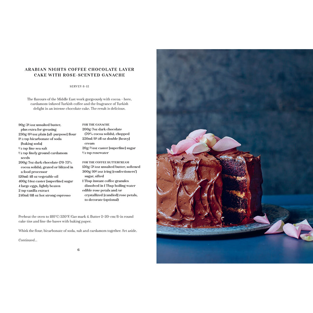 Chocolate cake with rose-scented ganache on a plate, accompanied by a recipe card.